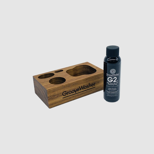GrooveWasher - Walnut Display Block + 2 oz G2 Fluid Bottle