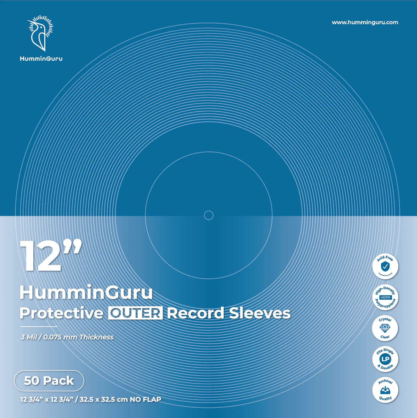 HumminGuru - 12” Protective Outer Record Sleeves 50 Pack