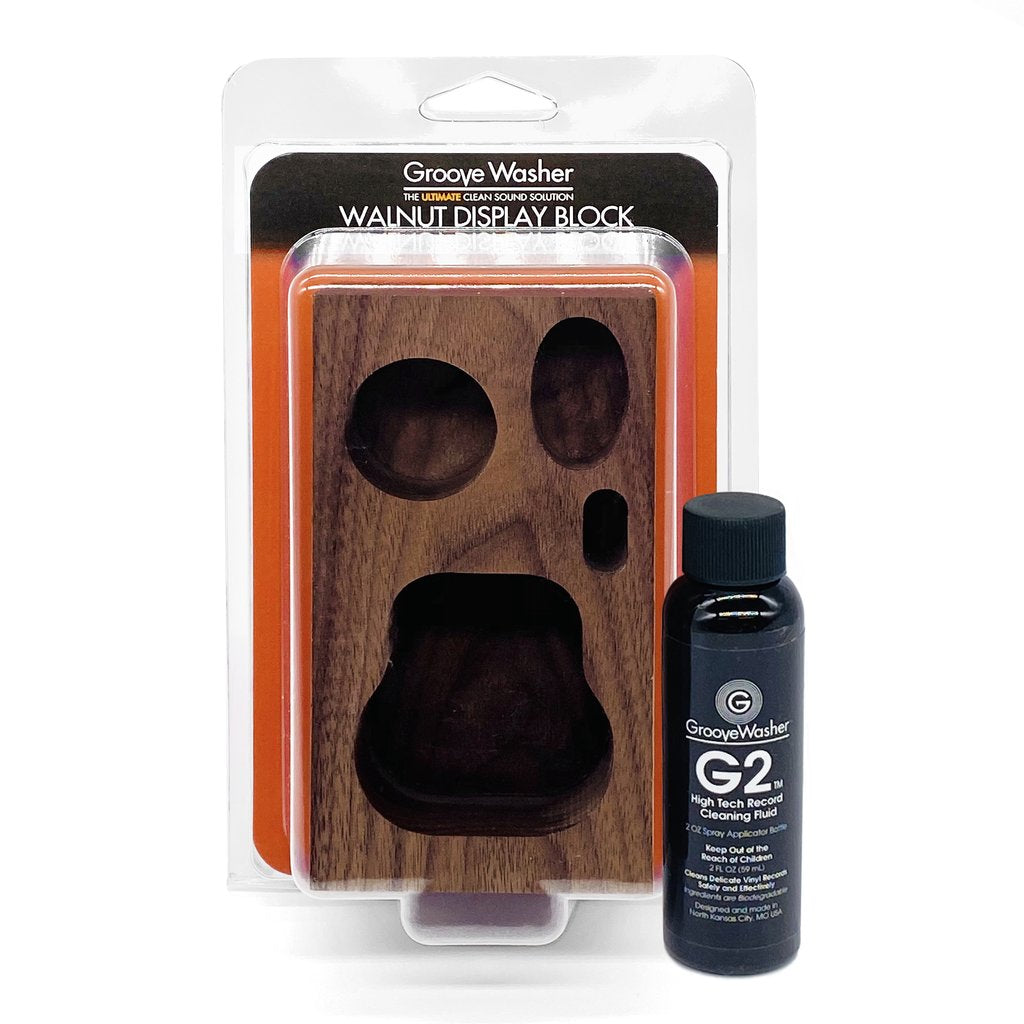 GrooveWasher - Walnut Display Block + 2 oz G2 Fluid Bottle